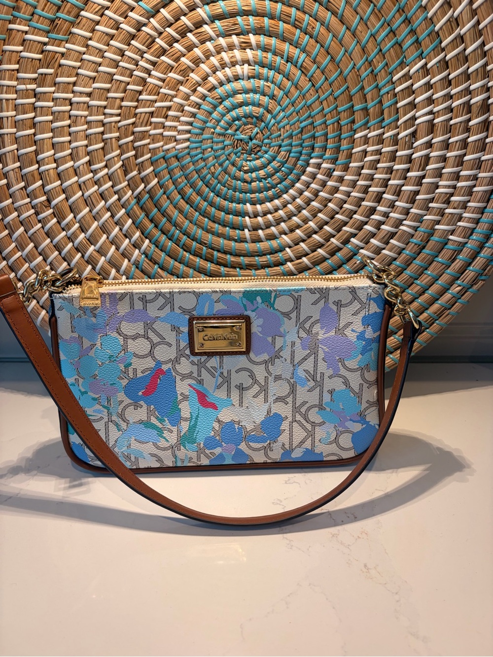 Calvin Klein Multicolor Blue Floral Logo shoulder Bag with Tan Strap
